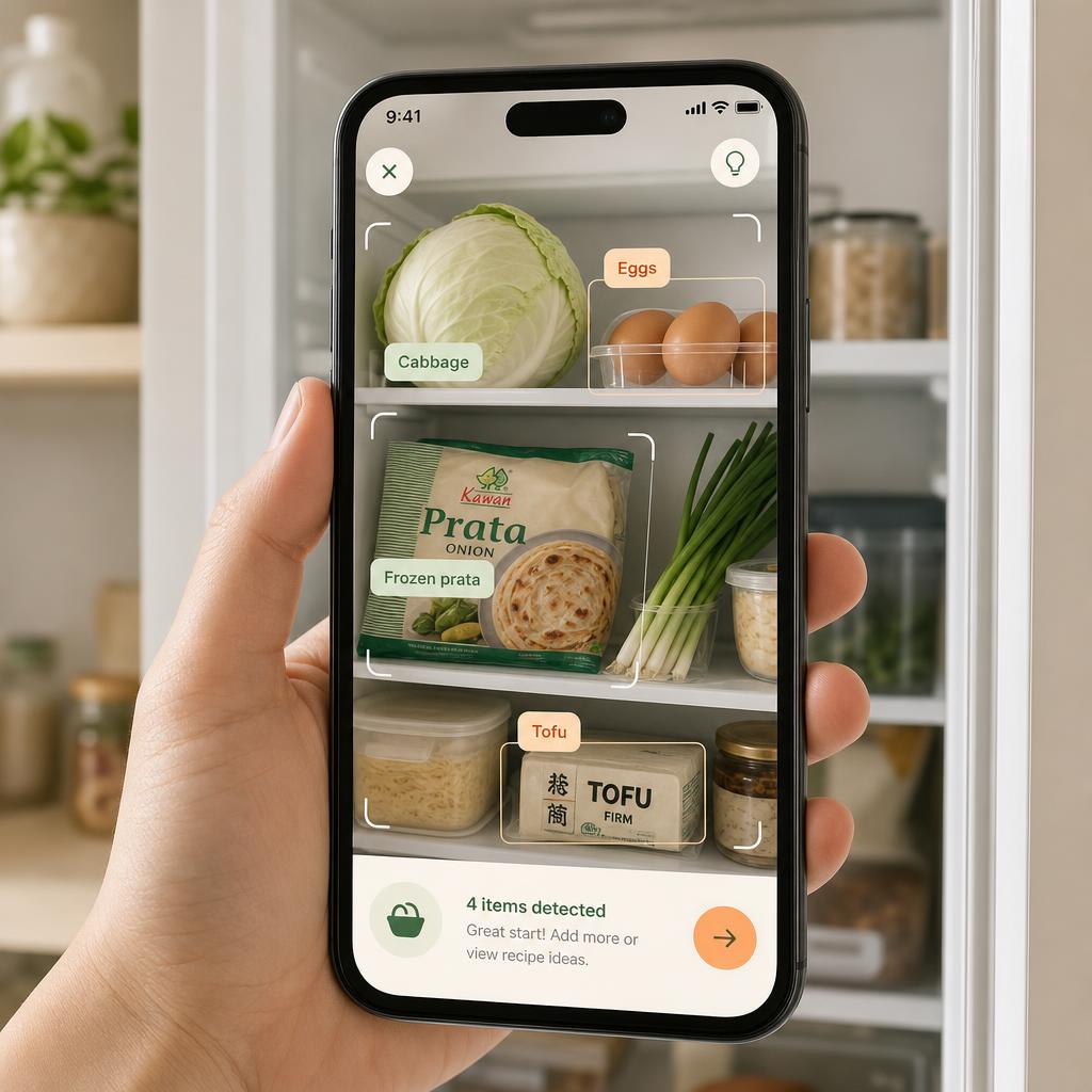 Phone camera viewfinder scanning a fridge shelf and labelling cabbage, eggs, frozen prata and tofu